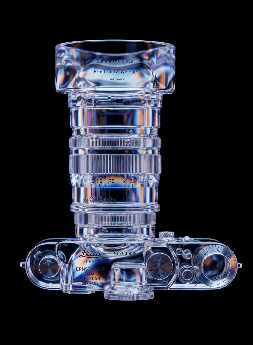 3D render of a vintage camera and lens with a transparent design on a dark background.