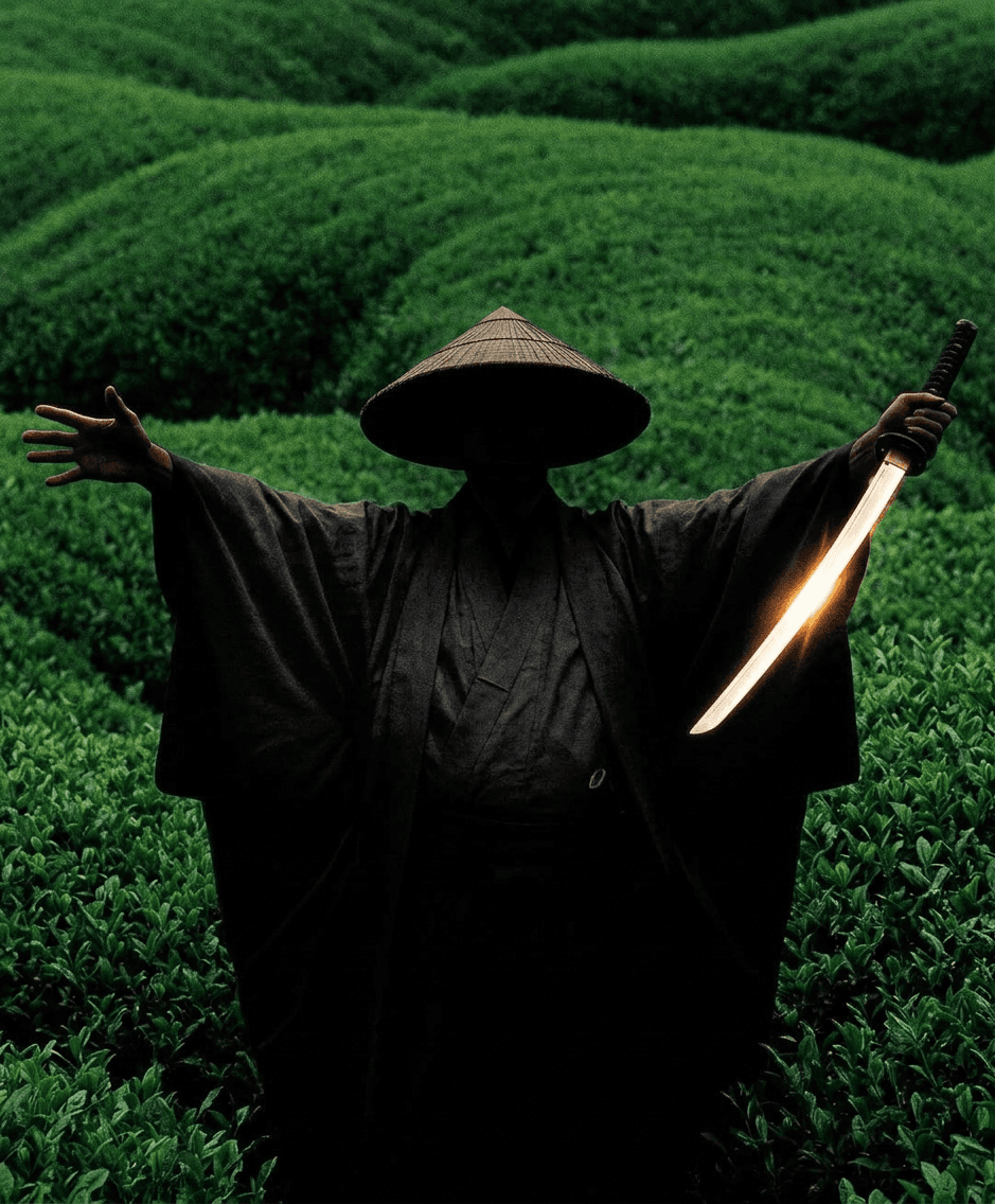 Silhouette of a figure in a robe with a sword, set against green tea fields.