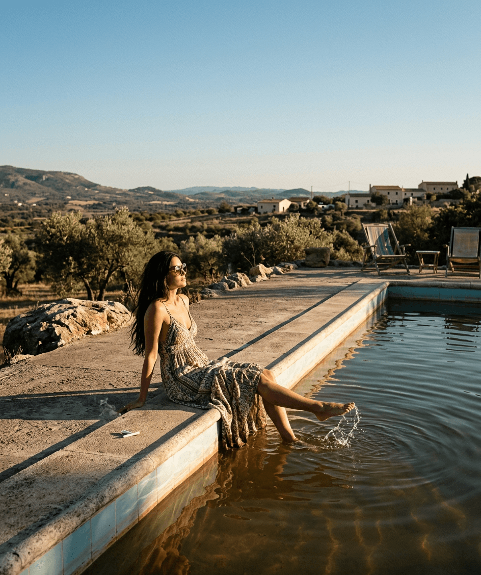 Woman sitting by a calm outdoor swimming pool under the sun.