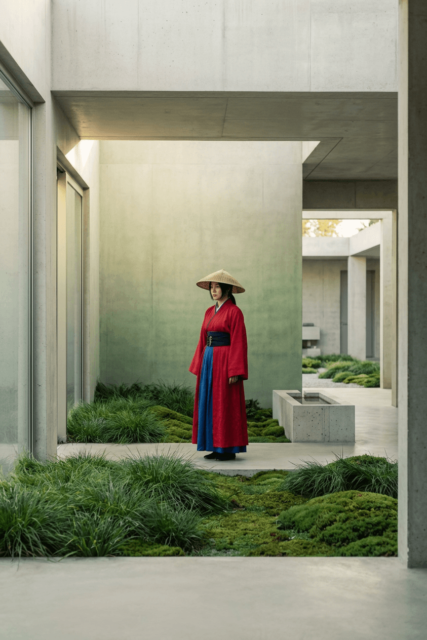 Woman in a modern outdoor space with greenery and minimalist design.