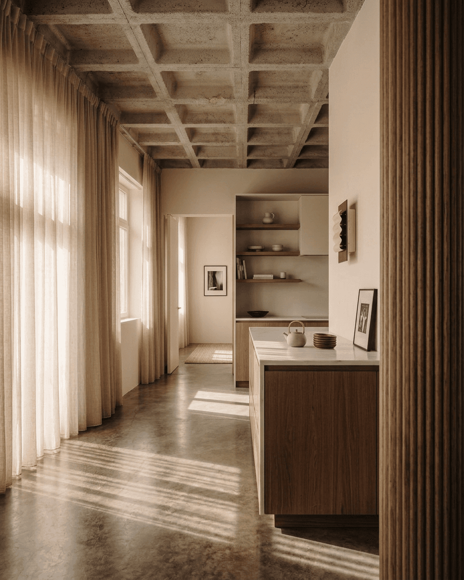 Interior view of a modern kitchen and living area with sheer curtains and wooden furniture.