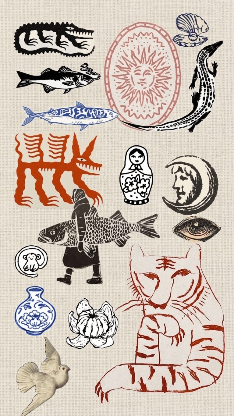 A vibrant collage of stylized animals and shapes on a textured background.