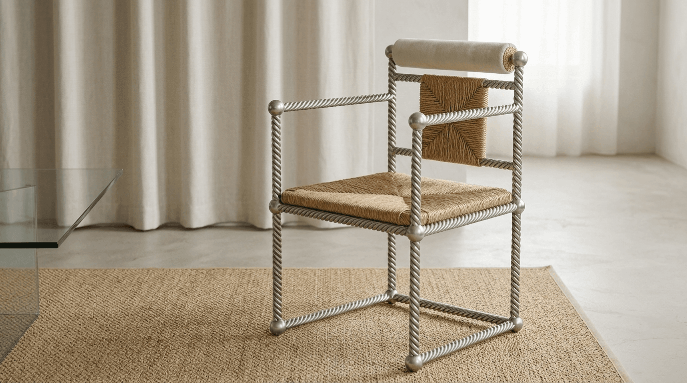 A stylish chair with a beige seat and silver frame in a minimalist interior.