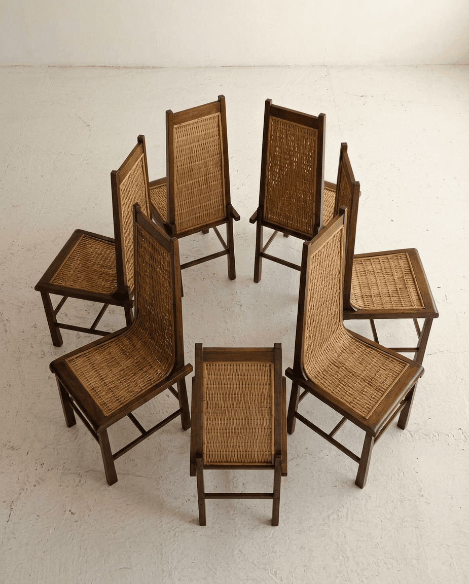 A circular arrangement of wooden chairs on a textured white floor.