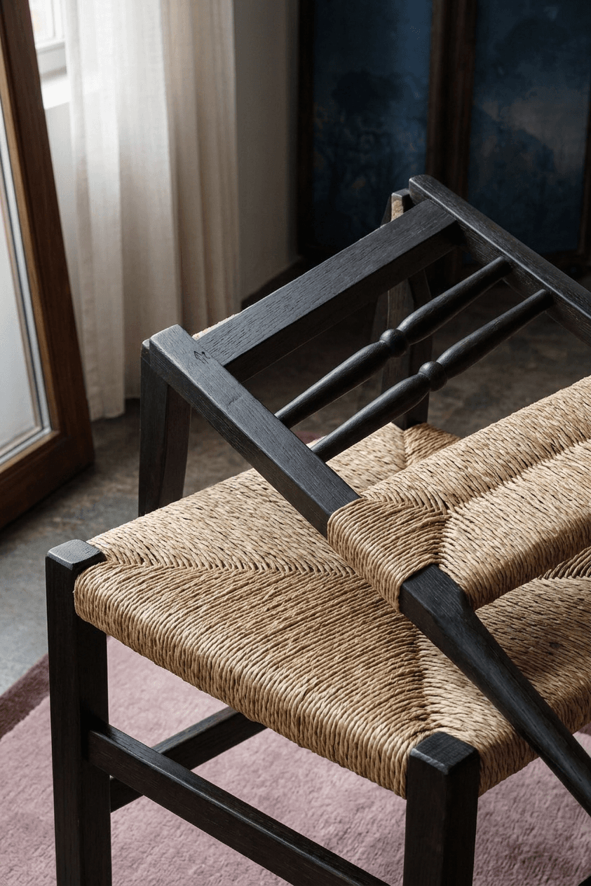Artistic photograph of a wooden chair with a woven seat at an unusual angle.