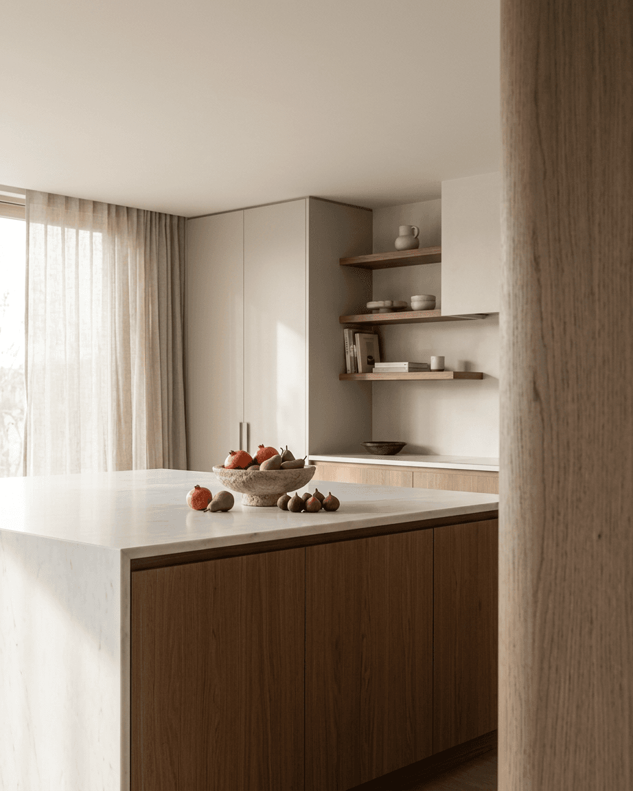 Interior of a modern kitchen with an island and a bowl of fresh fruits.