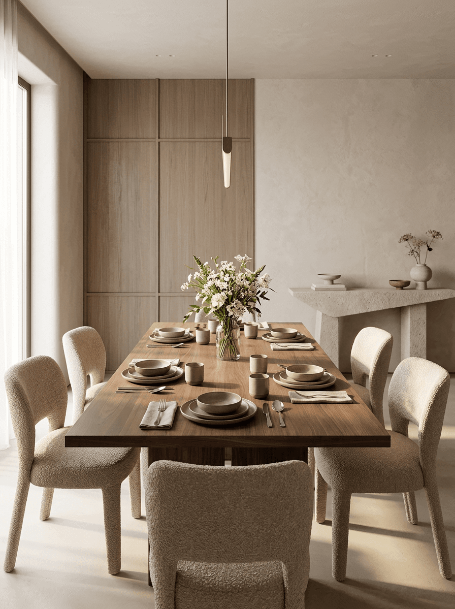 A modern dining room with a wooden table and soft chairs, illuminated by natural light.