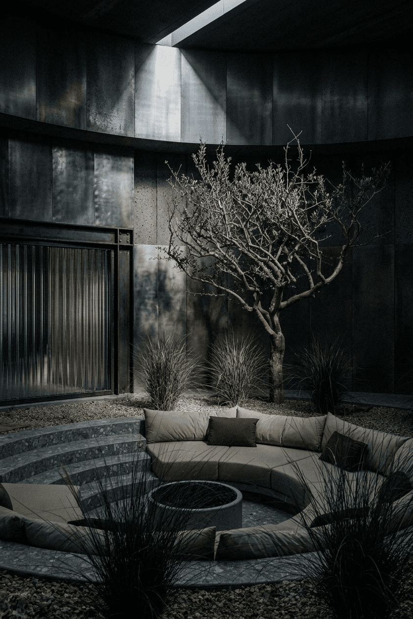 Interior space with circular seating around a fire pit and a single tree.