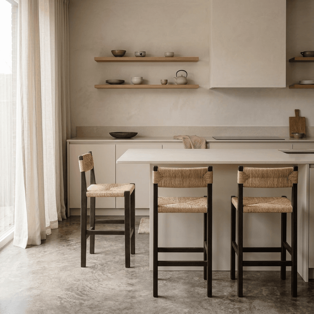 Three rustic bar stools in a minimalist kitchen with soft beige and wood tones.