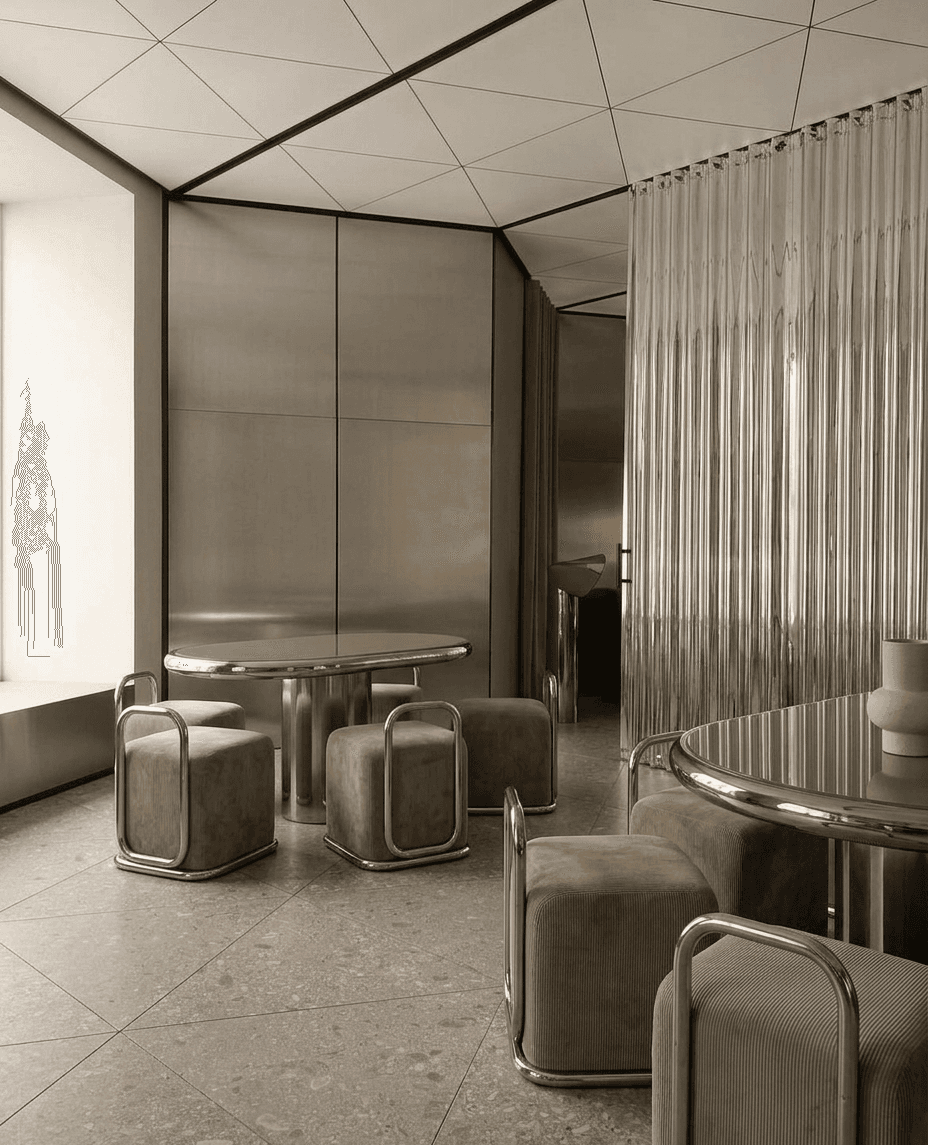 Interior scene with modern furniture, metal accents, and muted tones.