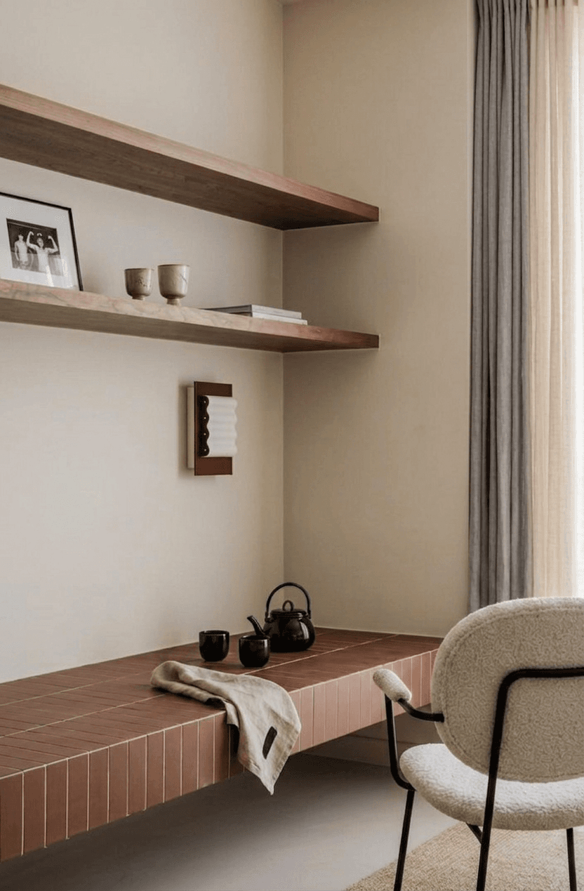 A minimalist interior nook with a chair and decorative objects on a shelf.