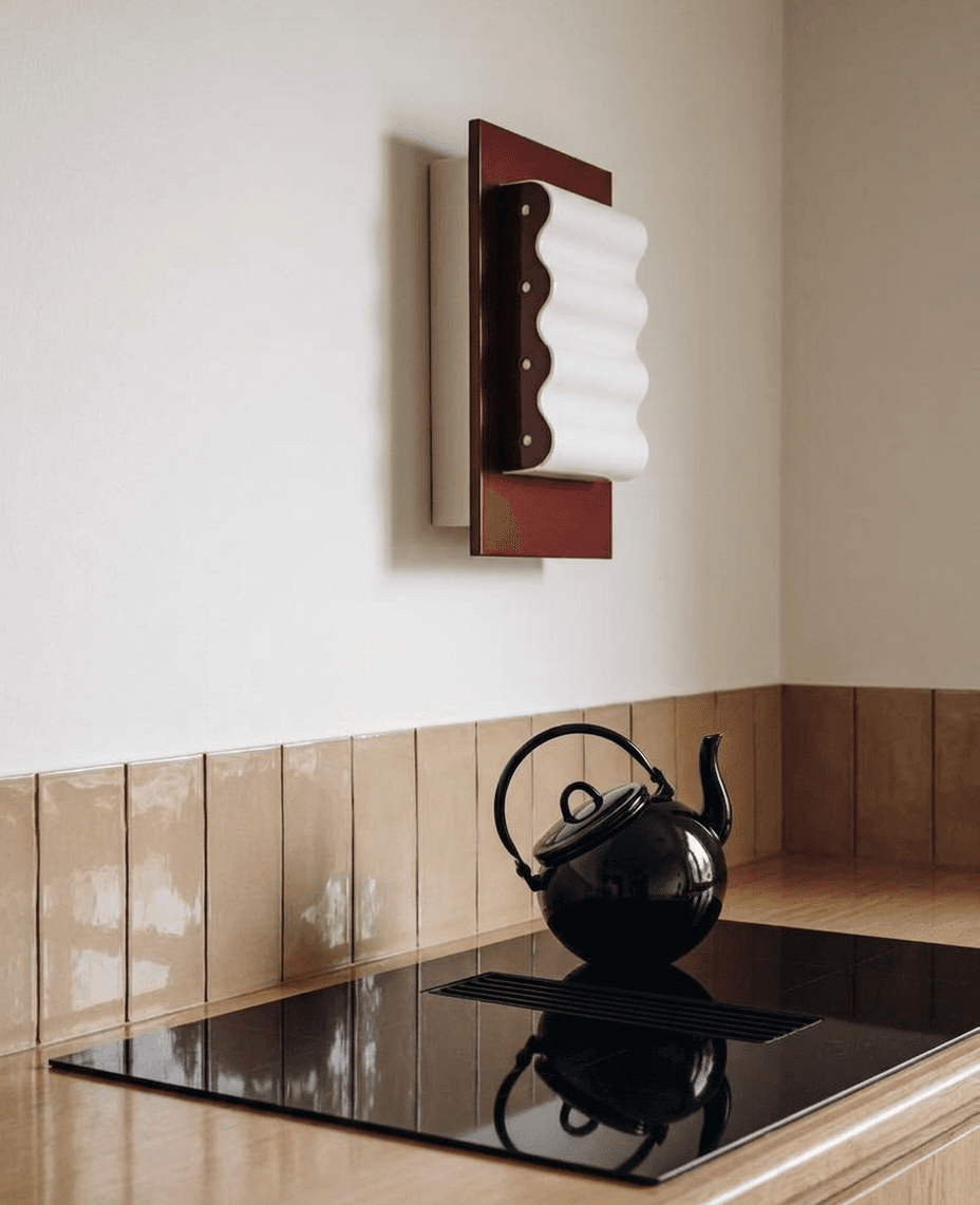 A black kettle and a modern wall piece in a minimalist interior.