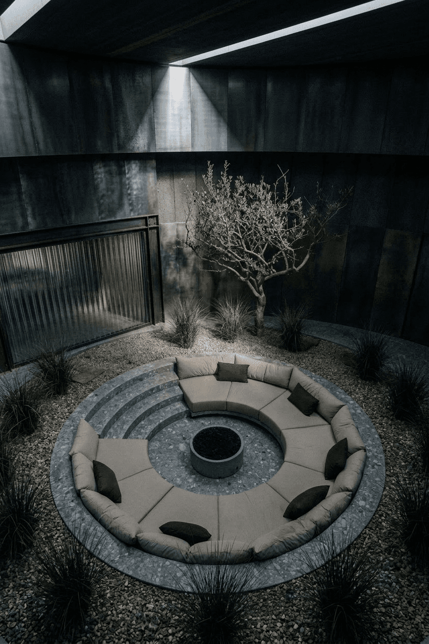 Outdoor lounge with circular sofa around a fire pit and a tree in the background.