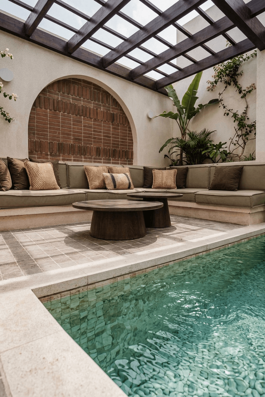 Interior scene of a luxurious lounge area next to a tranquil pool.