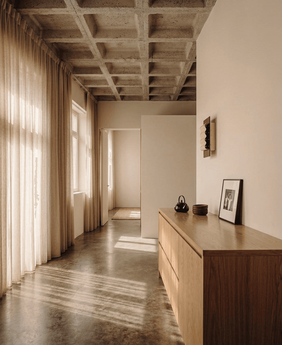 A minimalist interior with sheer curtains and warm neutral colours.