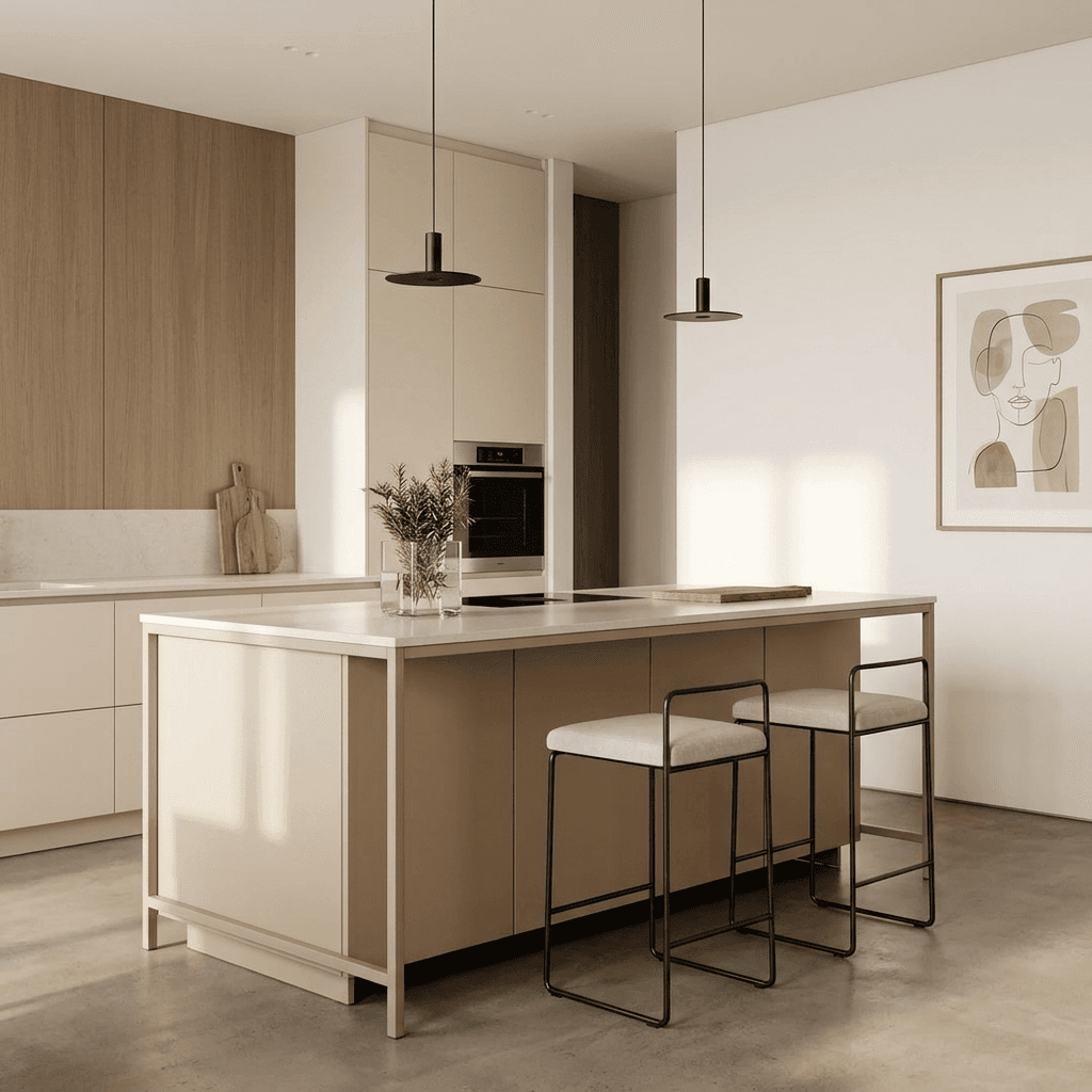 A minimalist kitchen interior with beige tones, sleek cabinetry, and a central island.