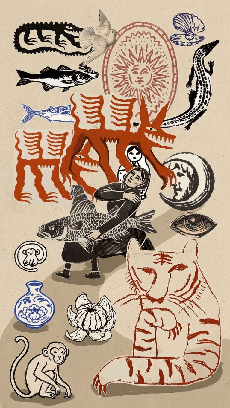 A mixed-media collage featuring animals, human figures, and decorative objects in earthy tones.