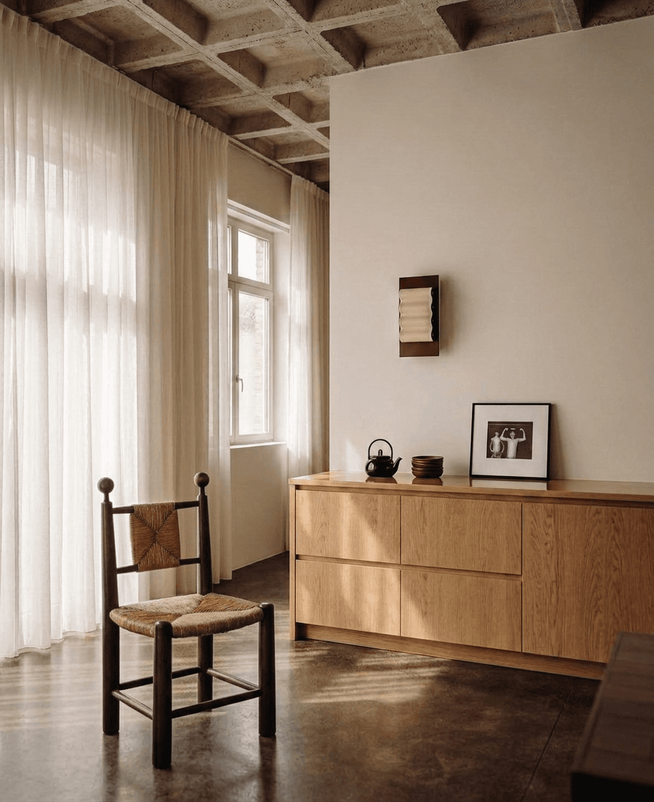Interior scene with minimalist design, soft neutral colours, and warm wood tones.