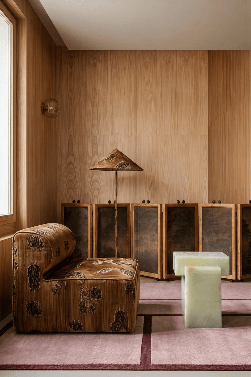 Interior scene with a wooden sofa and green stone table, warm wooden walls and soft lighting.