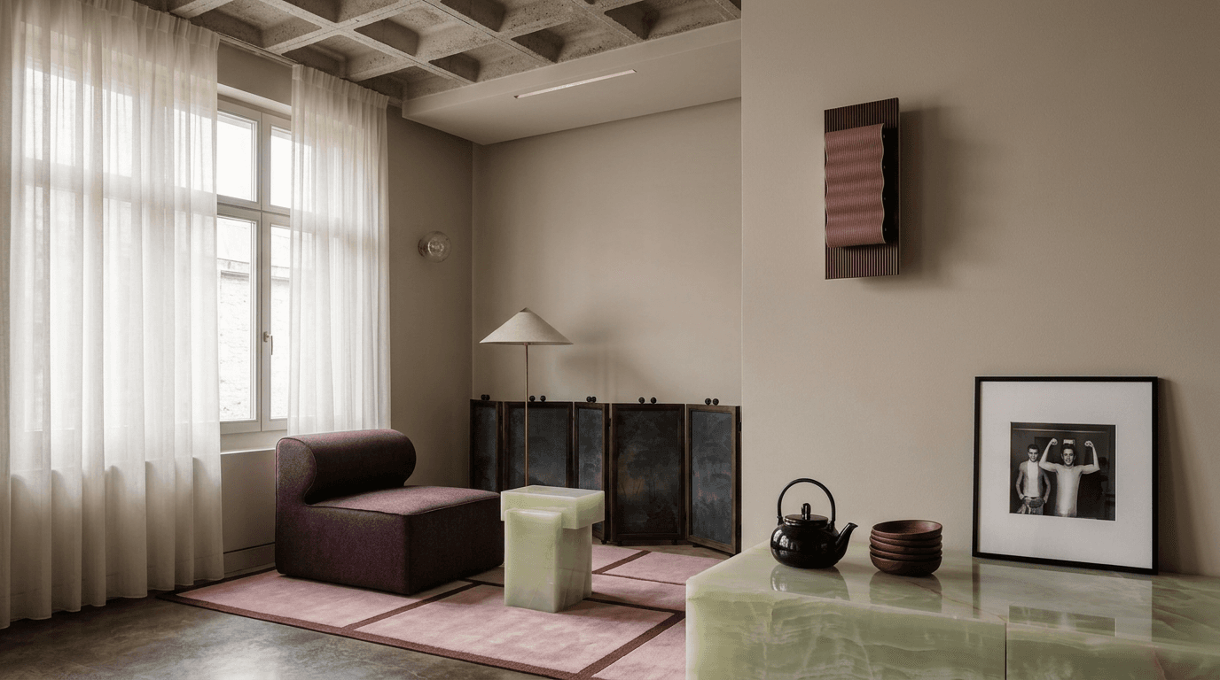 A calm minimalist interior space with modern furniture and soft textures.