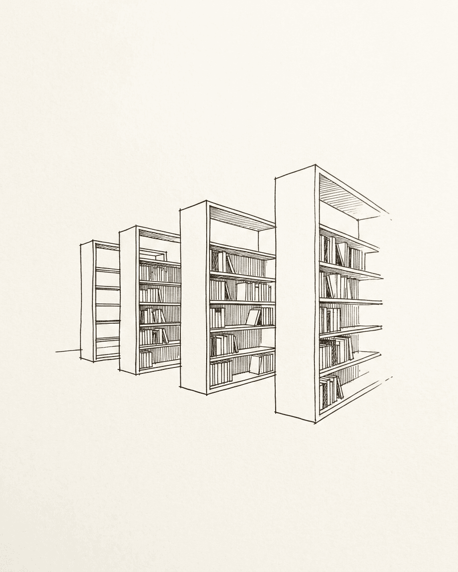 Hand-drawn illustration of bookshelves with clean lines and a structured layout.