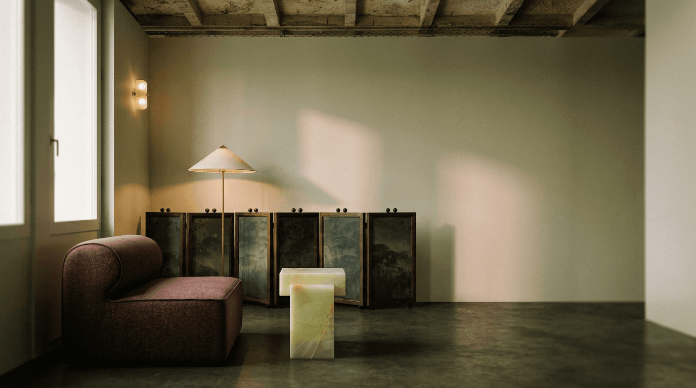 Interior scene with modern furniture, including a plush armchair and side table, in soft lighting.