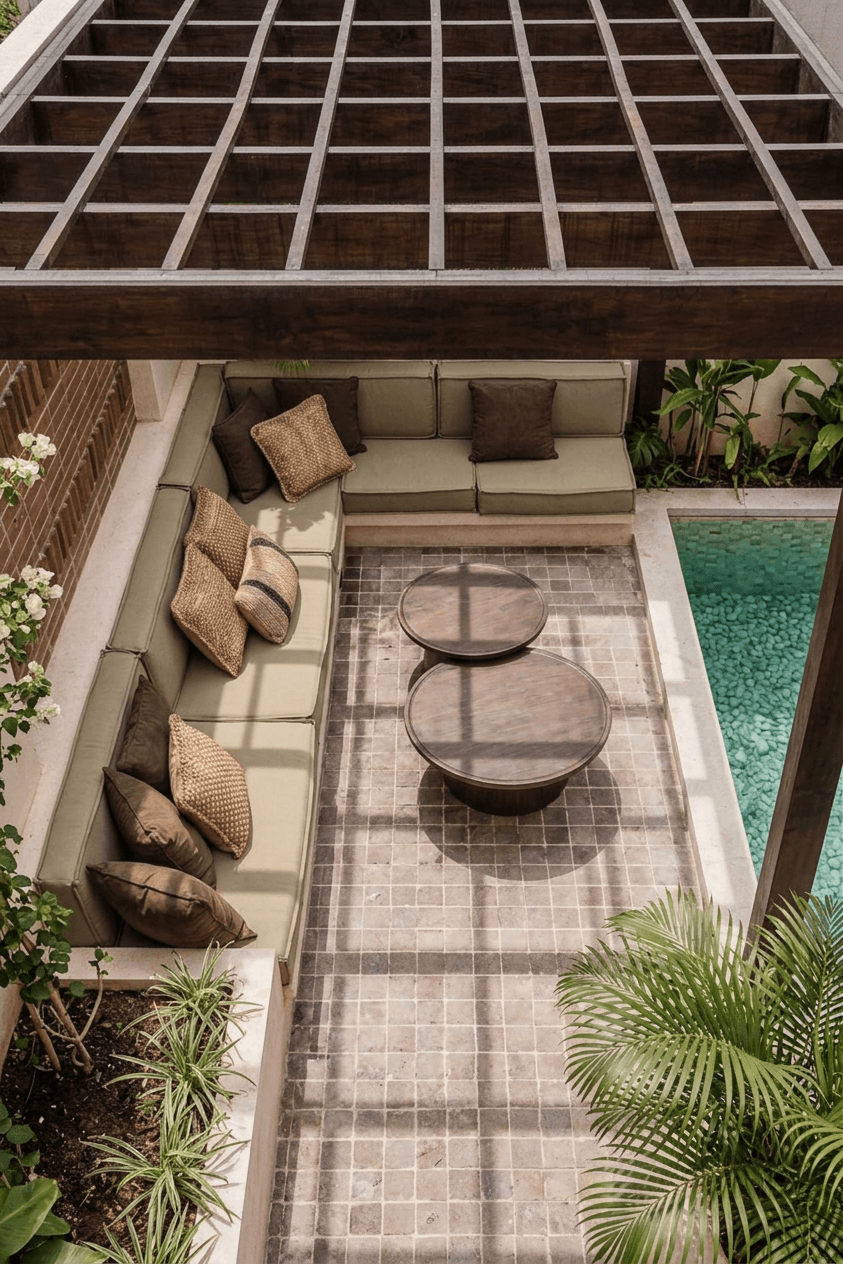 Outdoor living area with cushions, wooden tables, greenery, and a pool.