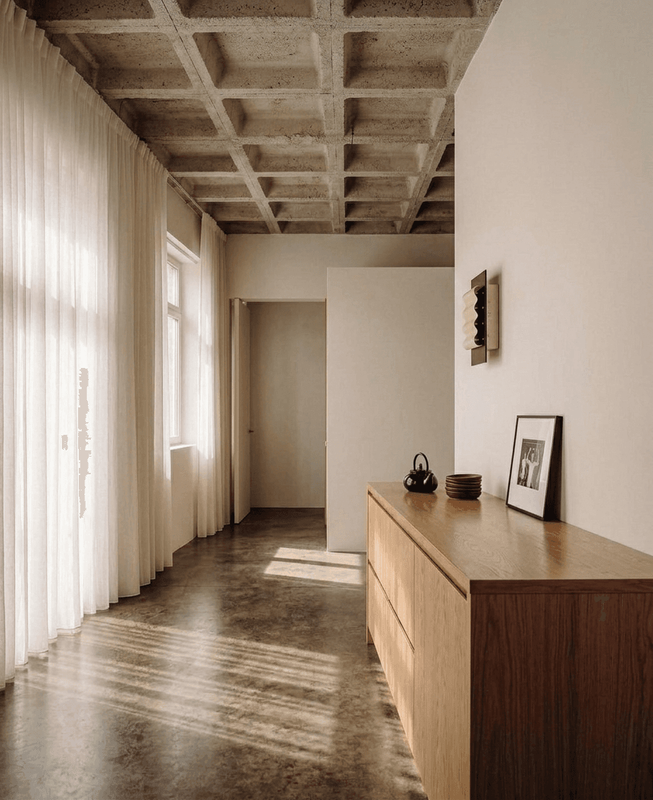 Minimalist interior space with warm neutral colours and natural light.