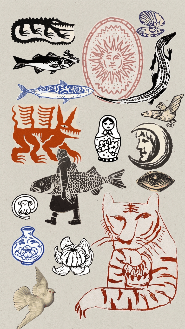 A collage of animal and nature illustrations including fish, a cat, a bird, and geometric shapes in vibrant colours.