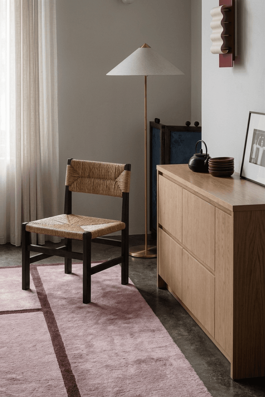Interior scene with a minimalist chair and stylish decor in soft tones.