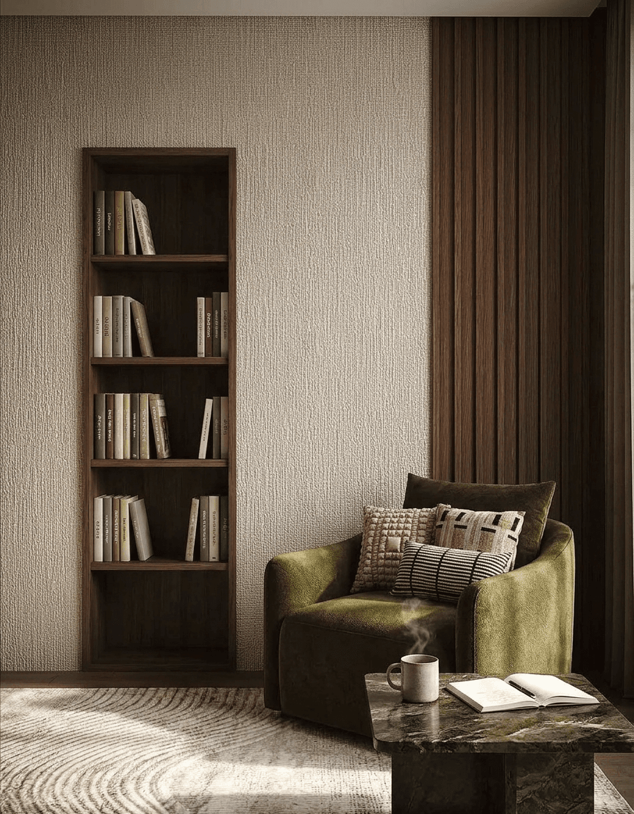 Interior scene with a green armchair, patterned cushions, bookshelf, and marble table.