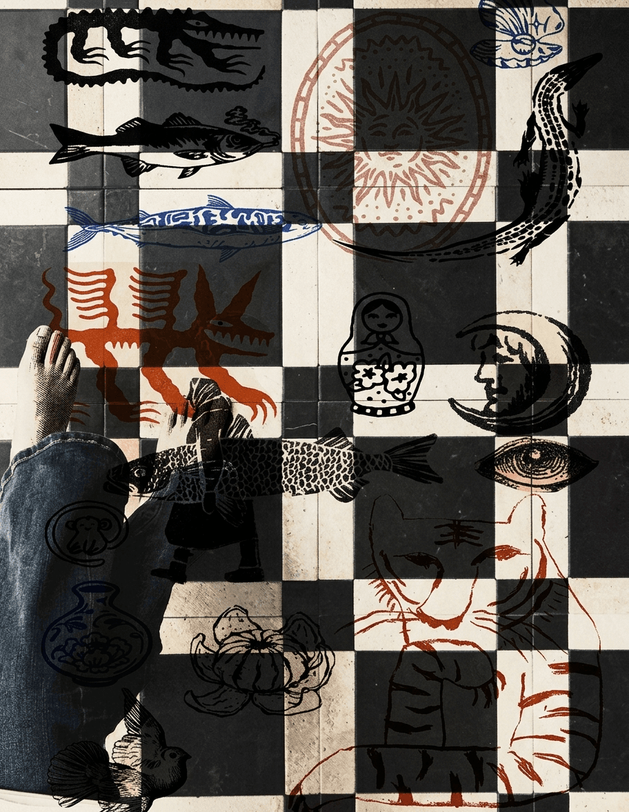 Collaged artwork with a checkerboard pattern, fish, animals, and abstract designs.
