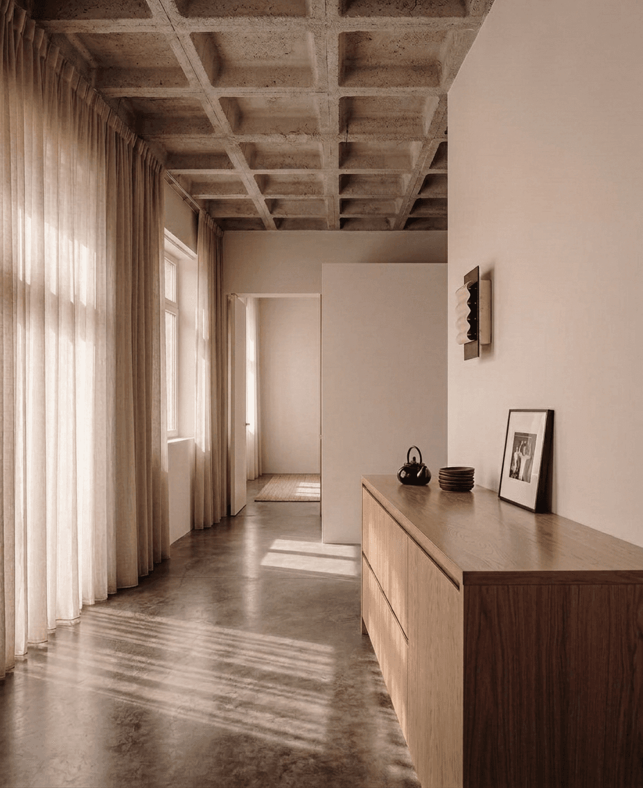 Minimalist interior with concrete floors, wooden sideboard, and flowing curtains.