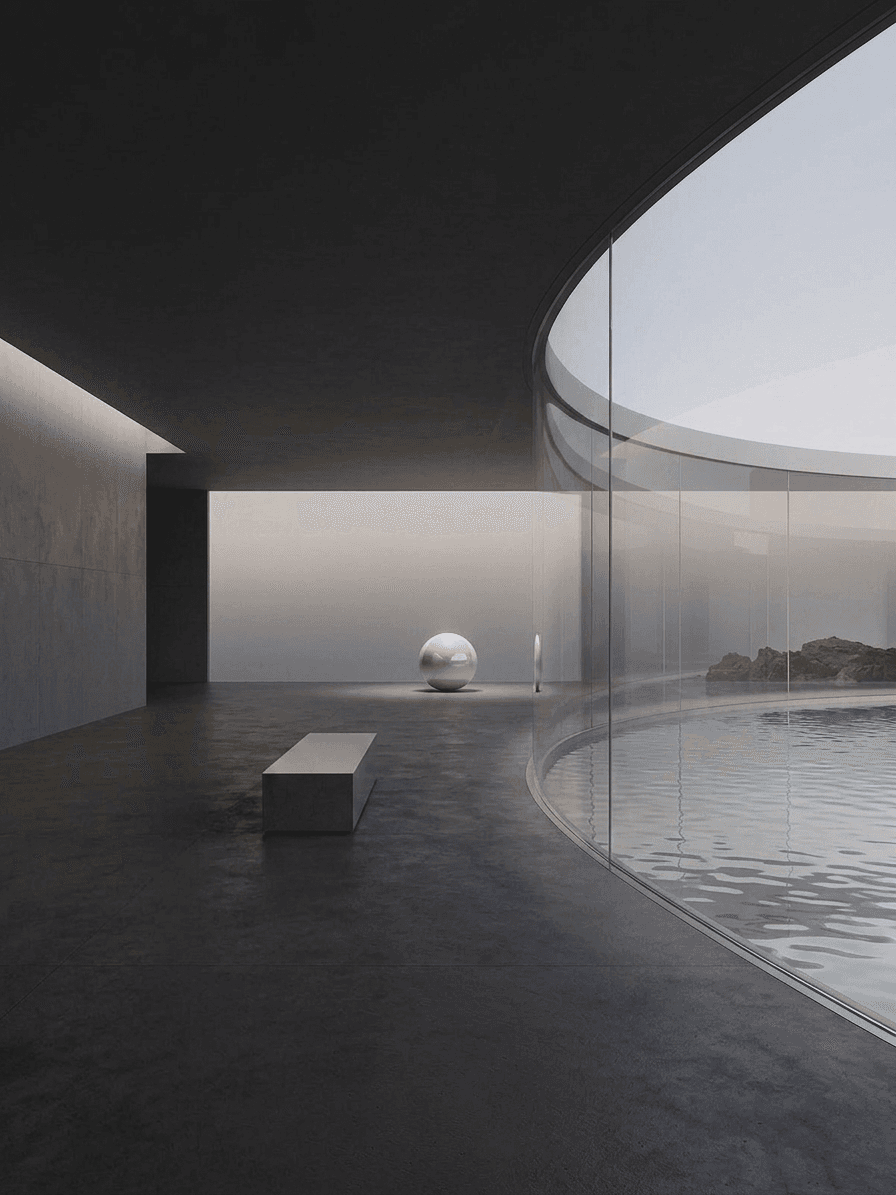 Interior space with a sleek bench, reflective sphere, and pool of water in a minimalist design.