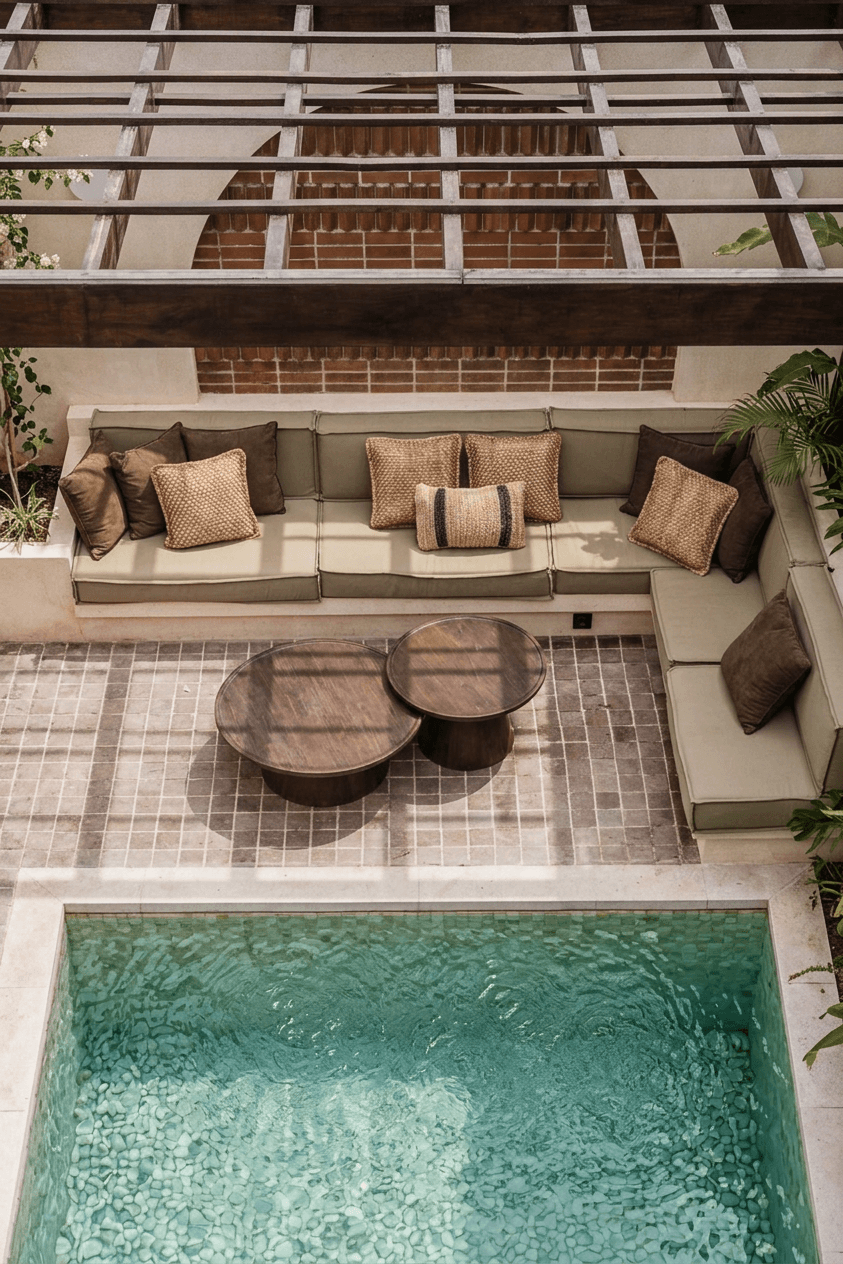 Outdoor lounge area with a pool, contemporary seating, and greenery.