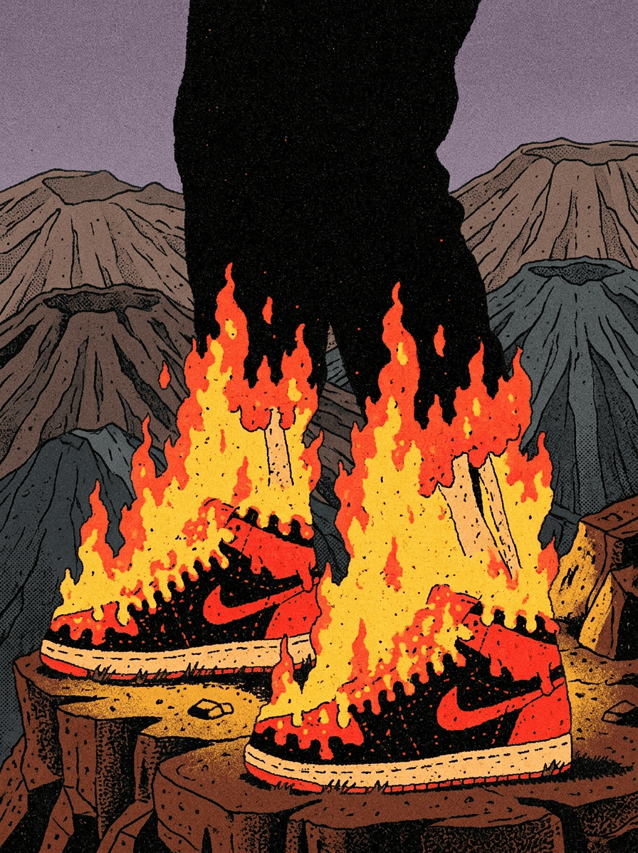 Illustration of a figure on rocks with flaming Nike sneakers and a mountain background.