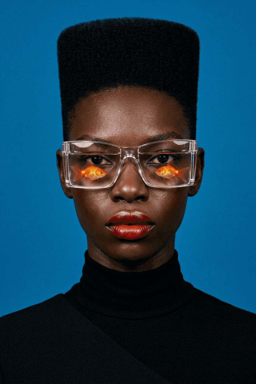 Model with high-top haircut, oversized glasses, red lips, and blue background.
