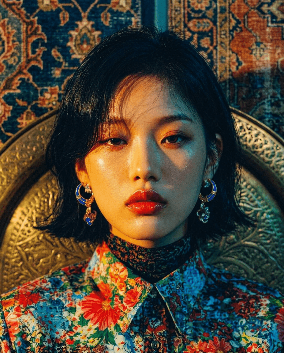 A woman with red lips in floral attire stands against an ornate background.