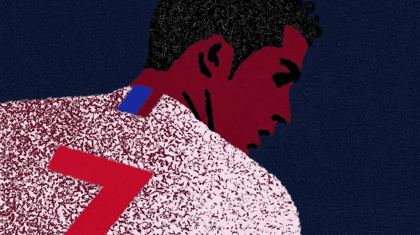 Illustrated portrait of a soccer player in profile against a navy background.