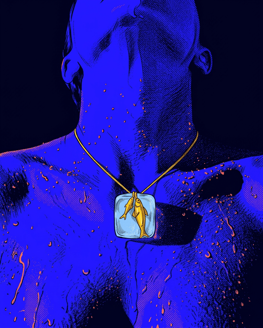 Illustrated portrait of a man tilting his face upwards, wearing a gold necklace.