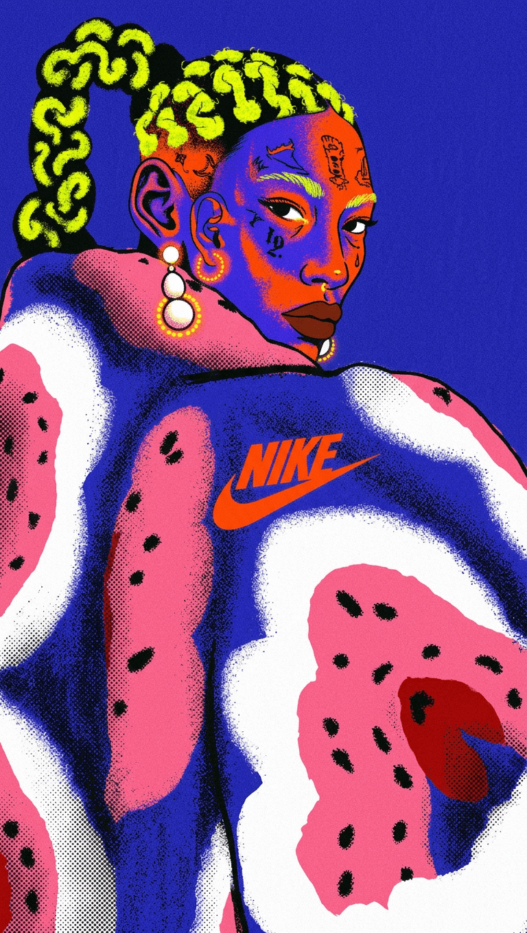 Illustration of a stylish figure in streetwear with bold patterns and bright colours.