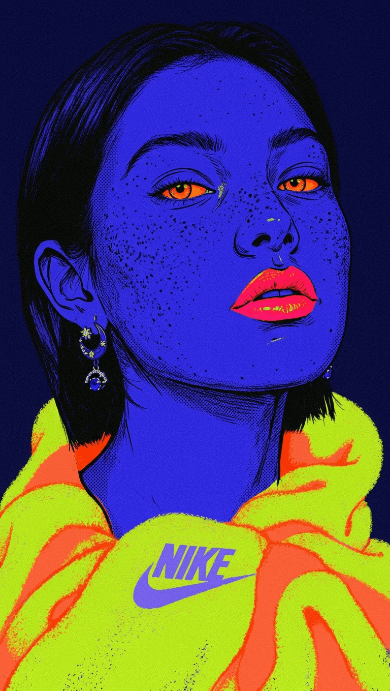 Illustration of a woman with orange eyes and freckles in a yellow hoodie.