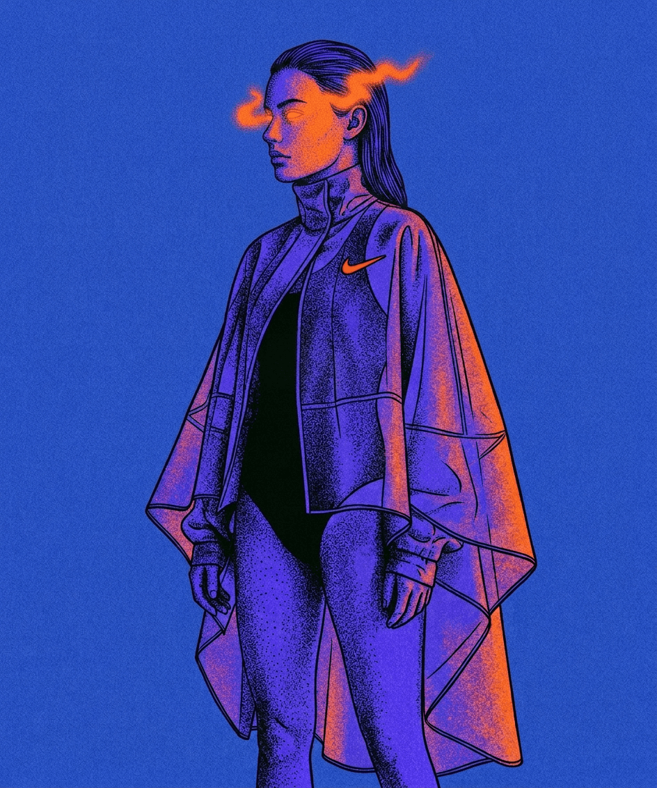 A woman in a Nike jacket illustrated against a vibrant blue background.