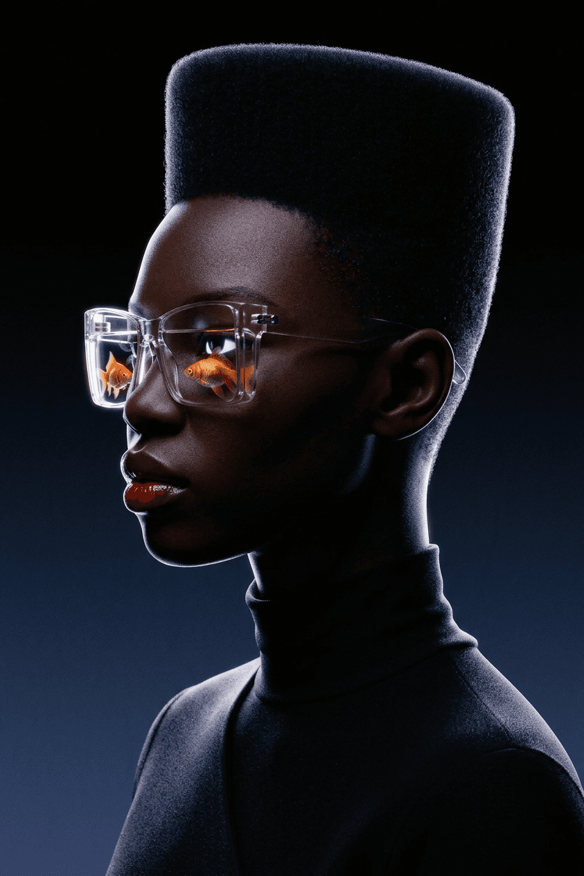 Profile of a model with a high flat-top hairstyle and oversized transparent glasses.