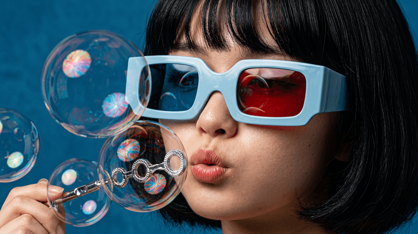 Young woman wearing oversized 3D glasses blowing colourful bubbles in front of a blue backdrop.