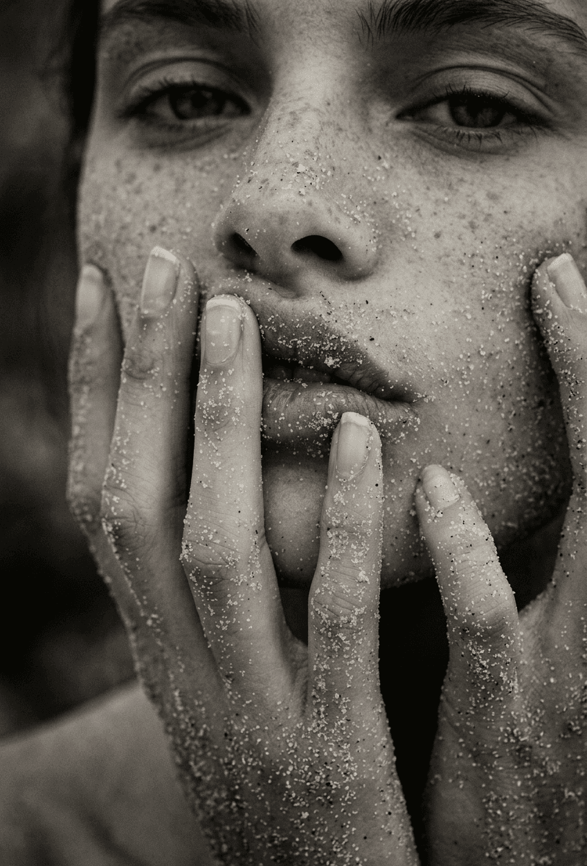 Close-up black-and-white portrait of a woman with freckles and sandy skin.