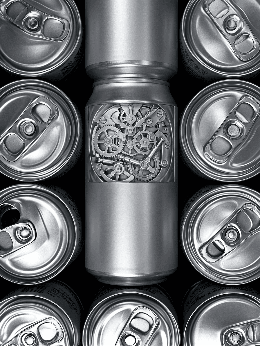 A silver can with gears surrounded by standard aluminium cans in shades of silver and gray.