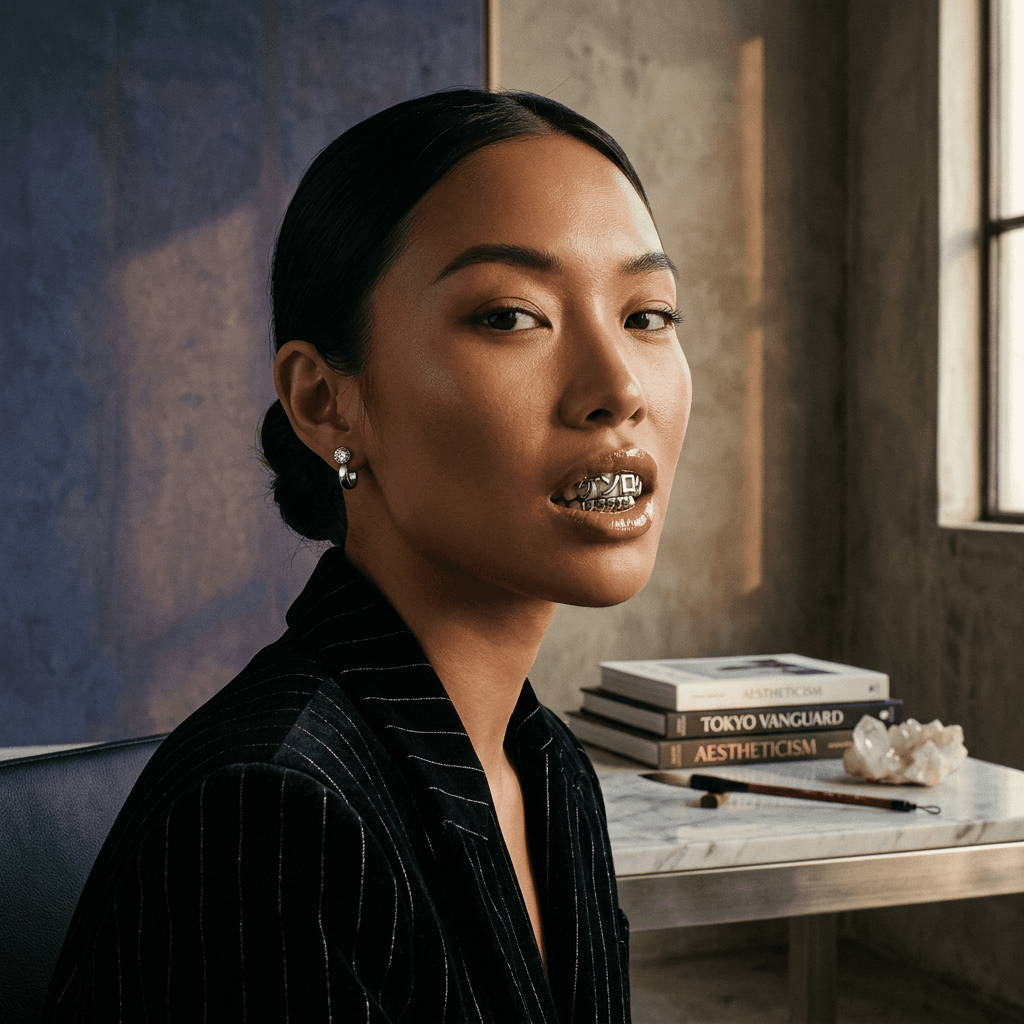 A woman with metallic grillz and a dark outfit against a textured background.