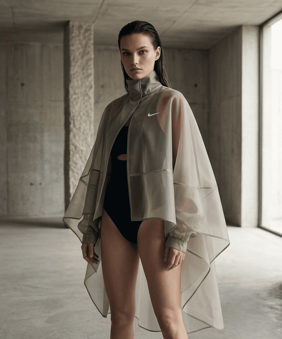 Model wearing a transparent Nike jacket over a black swimsuit in a concrete environment.