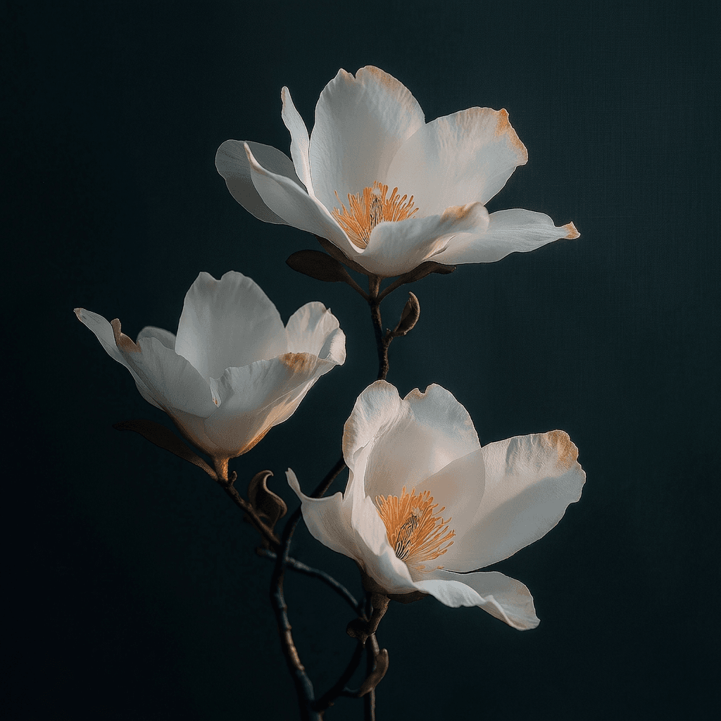 Three white magnolia flowers with orange stamens on a dark green background.